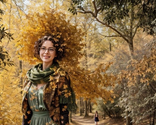 Woman in a forest with autumn leaves crown and dress