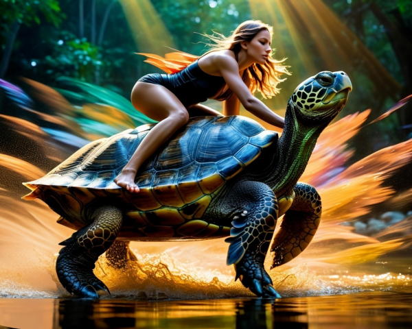 Woman Riding Giant Turtle in Colorful Forest Scene
