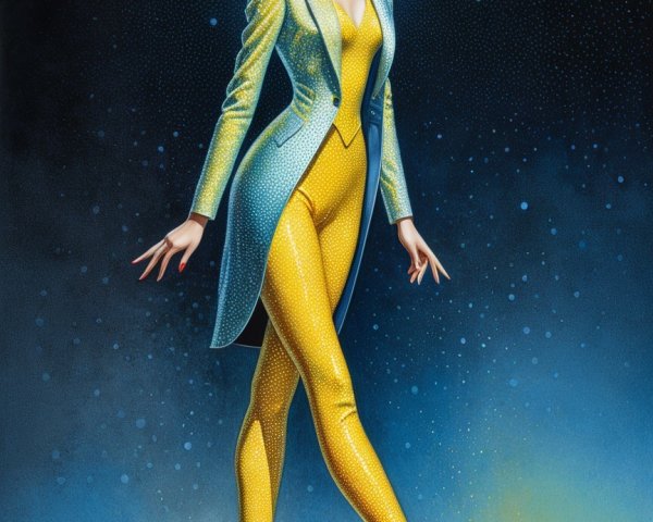 Full-body oil painting of a woman in a jumpsuit