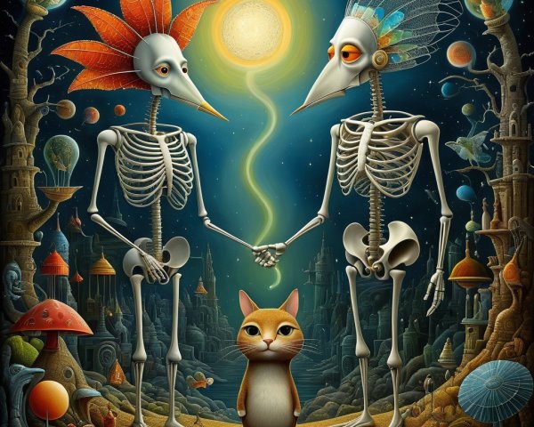 Surreal Landscape with Skeletal Figures and Cat
