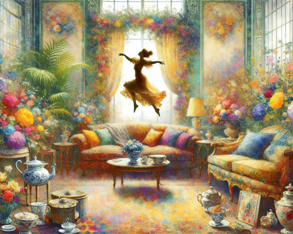 Vibrant Living Room with Flowers and Dancer Silhouette