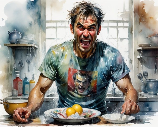 Man in chaotic kitchen with intense expression and cutlery
