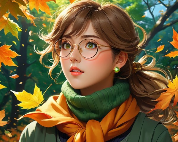 Young woman in autumn leaves with cozy attire