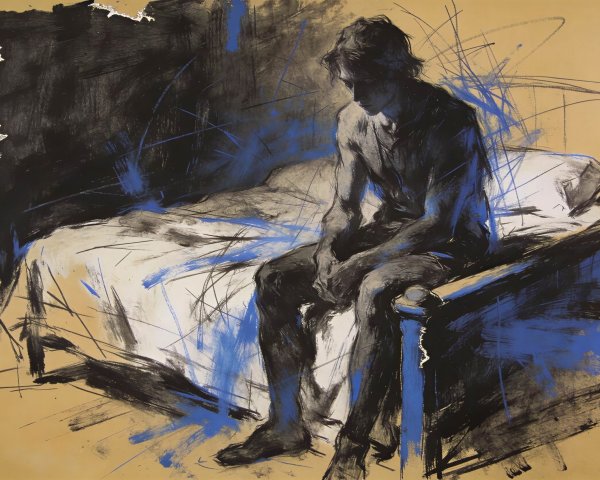 Charcoal and Blue Sketch of Man Sitting on Bed