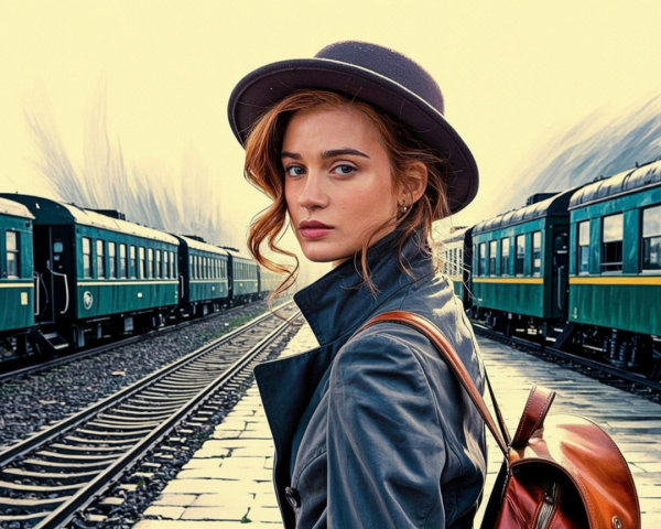 Young woman in stylish hat on vintage train platform