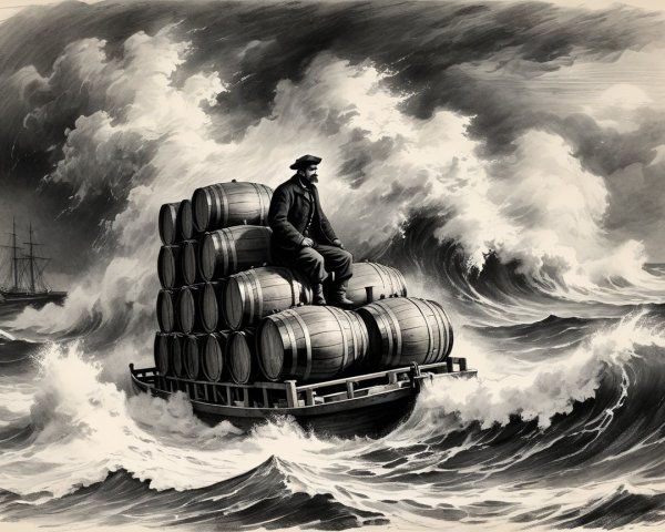Ink drawing of a man on barrels in stormy sea