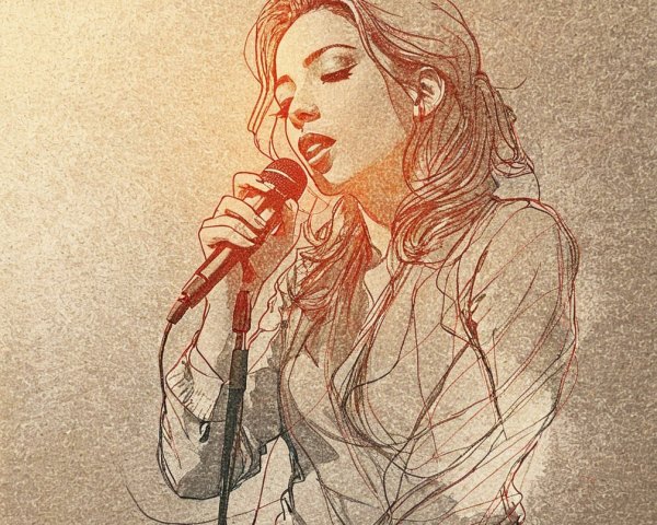 Stylized sketch of a woman singing with emotion
