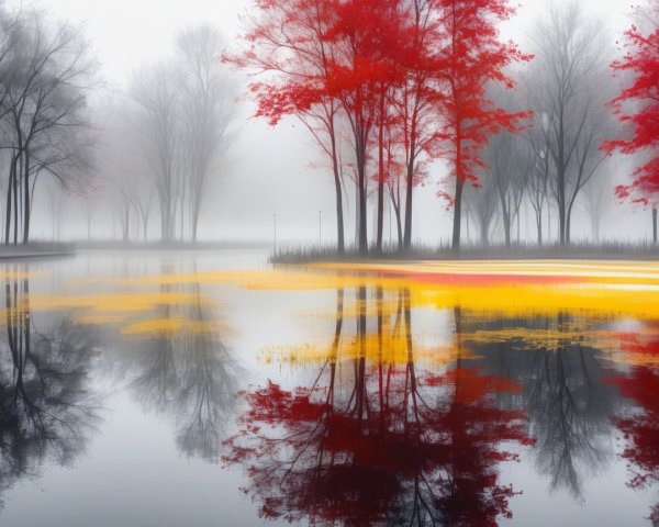 Foggy Landscape with Lake and Autumn Foliage