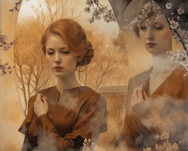 Young Woman in Brown Garment with Cherry Blossoms
