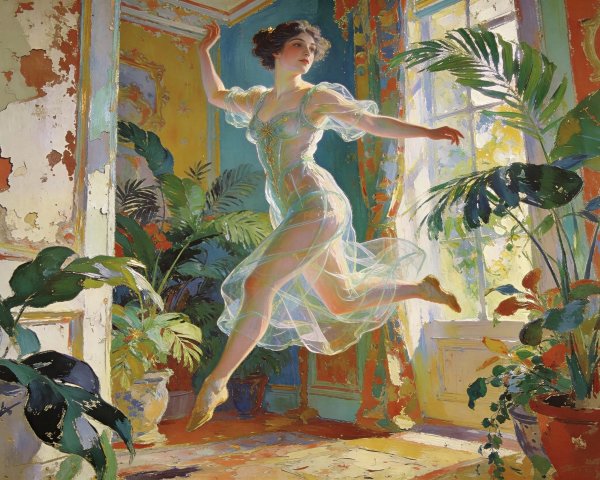 Impressionist Painting of Woman Dancing in Light Blue Dress