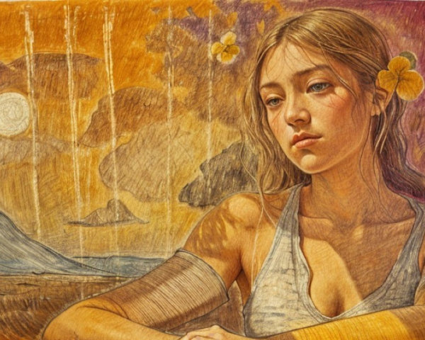 Thoughtful Young Woman Against Sunset Background