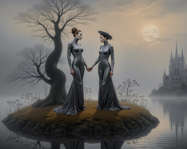 Elegant Figures in Silver Gowns on Misty Island
