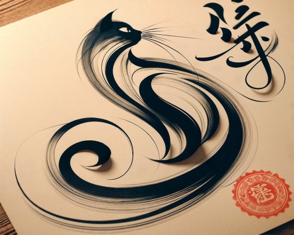 Elegant Black Cat Artwork with Calligraphic Elements