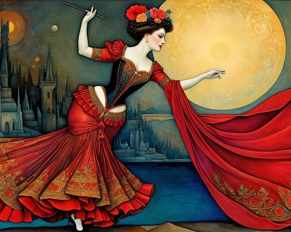 Dancer in Red Dress Against Mystical Landscape