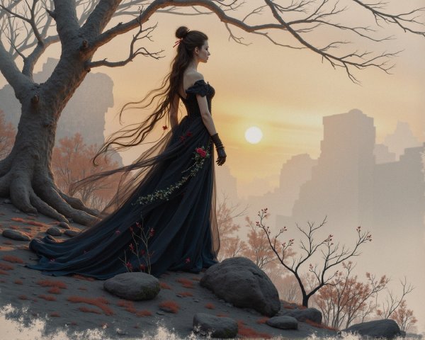 Solitary Figure in a Sunset Landscape with Roses
