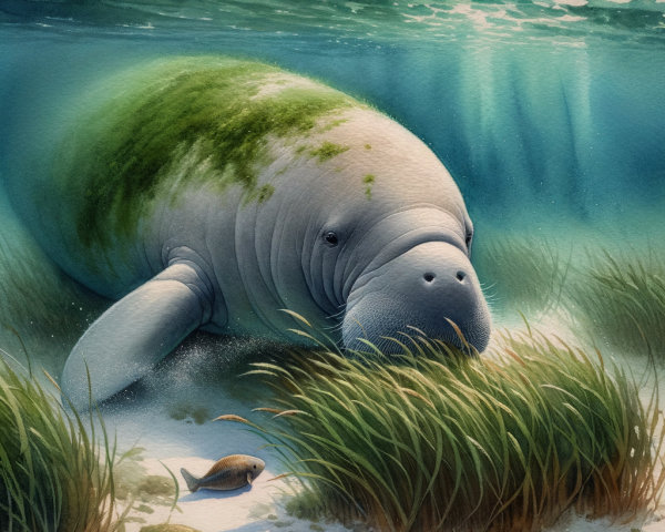 Underwater Scene with Grazing Manatee and Sunlight