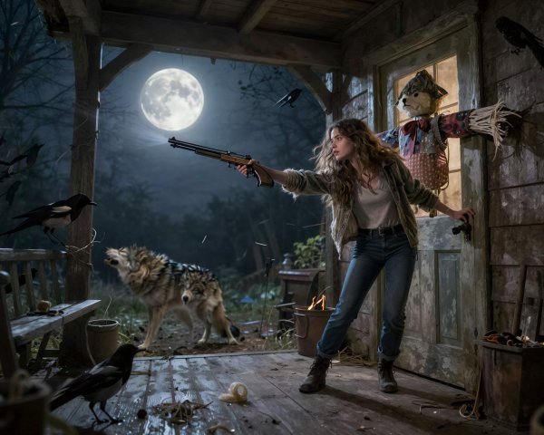 Young woman with rifle on wooden porch outdoors