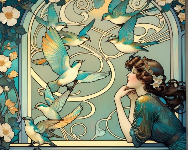 Serene Woman Gazing from Window with Bluebirds and Florals