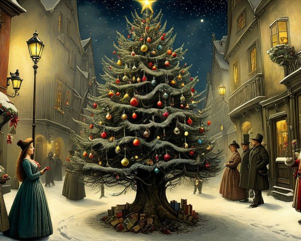 Victorian Christmas Eve Street Scene with Decorations