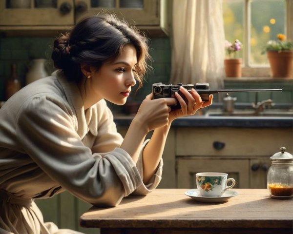 Cozy kitchen scene with woman aiming vintage rifle