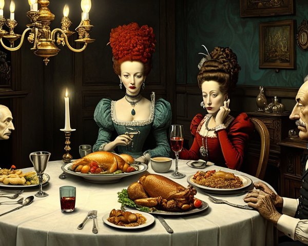 Lavish Dinner Scene with Elegantly Dressed Figures