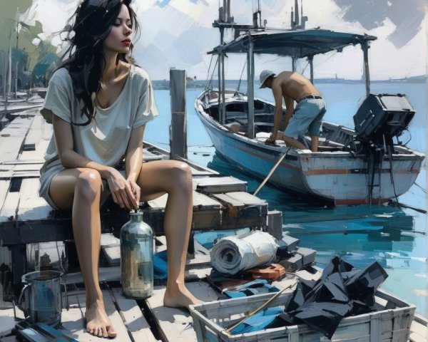 Waterfront Scene with Woman on Dock and Boat Work