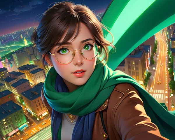 Young woman with green eyes and city skyline backdrop