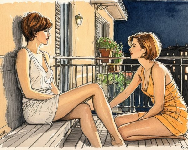 Stylish Women on Balcony at Night with Starry Sky