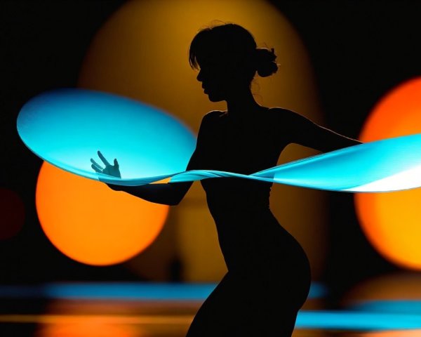 Silhouetted Dancer with Glowing Ribbons and Colorful Lights
