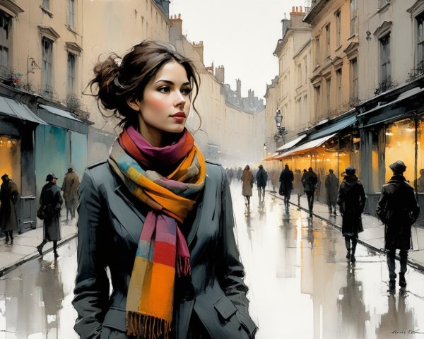 Young Woman in Chic Coat on Rainy Paris Street