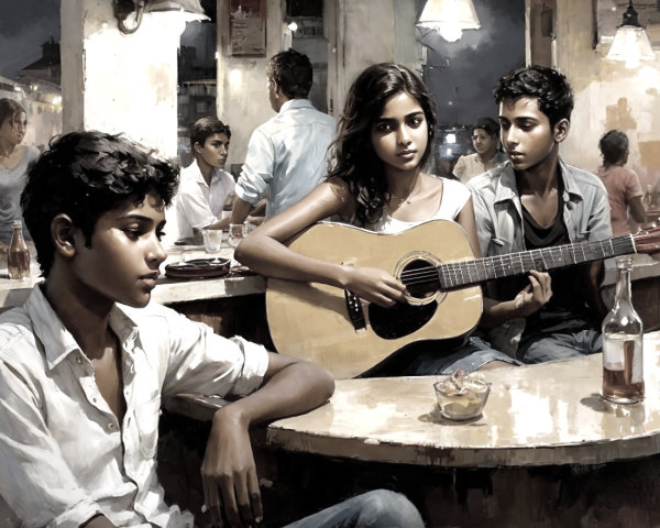 Young Girl Playing Guitar in Cozy Cafe Setting