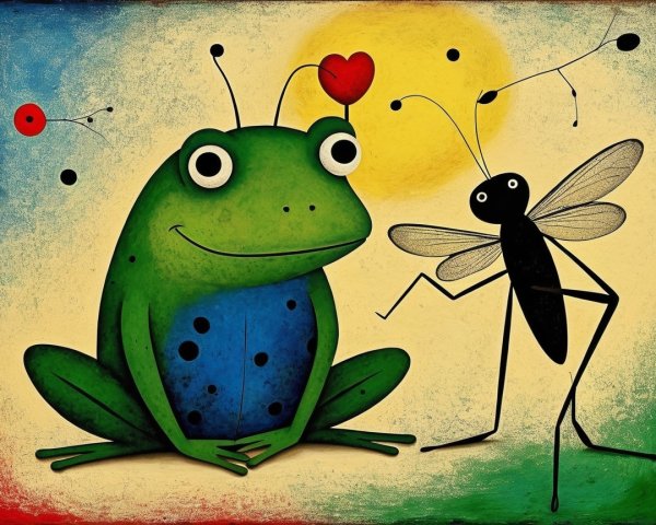 Cheerful Frog and Insect Illustration with Heart and Sun