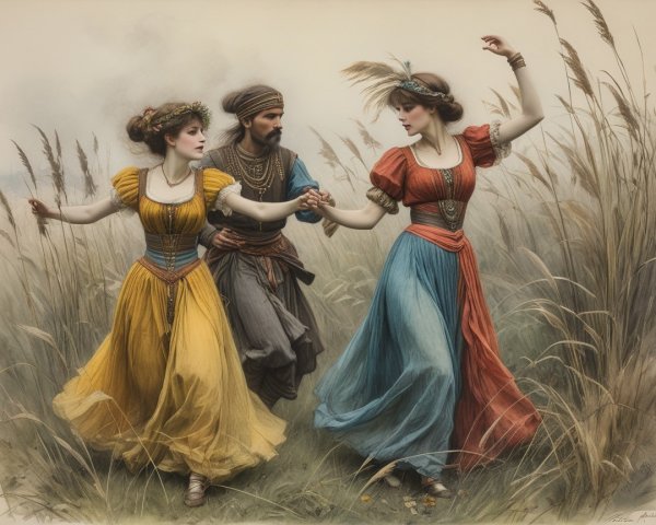 Women in Flowing Dresses Dance in Grassy Field