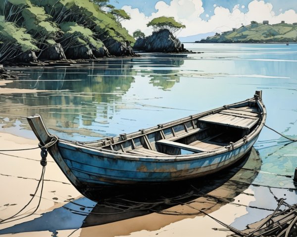 Weathered Wooden Boat on Sandy Shoreline Scene