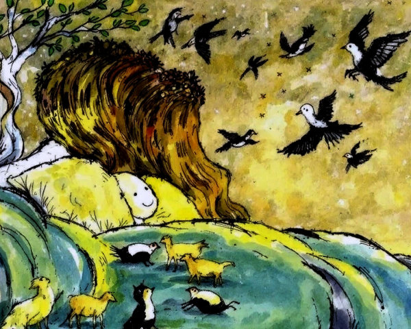 Whimsical Landscape with Cozy Figure and Colorful Birds