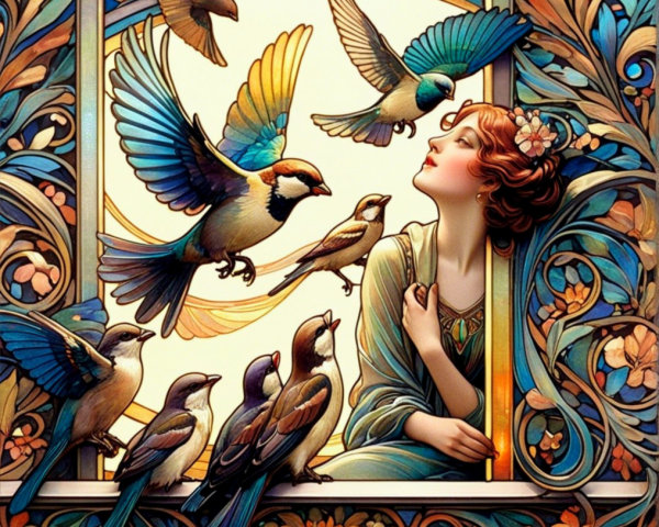 Woman with Floral Hair Surrounded by Colorful Birds