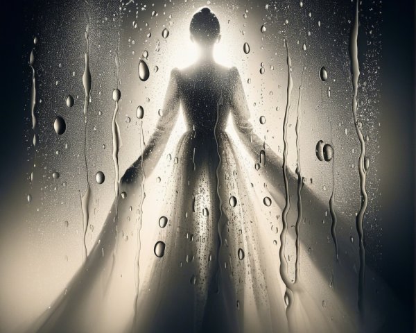 Silhouette of a Figure in a Flowing Gown Behind Glass