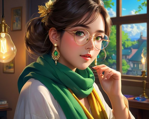Young woman with elegant accessories in sunlit room