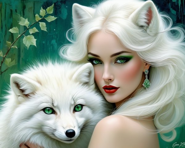 Ethereal Woman with White Hair and Fox Companion