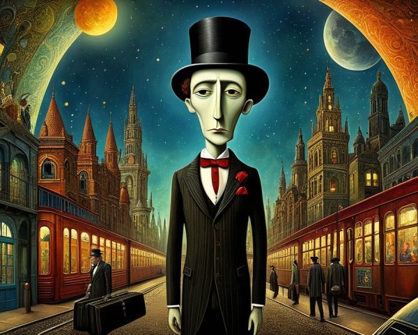 Surreal Urban Scene with Dapper Man and Moonlit Street