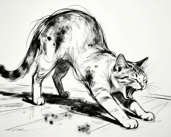 Hand-drawn black and white sketch of a stretching cat
