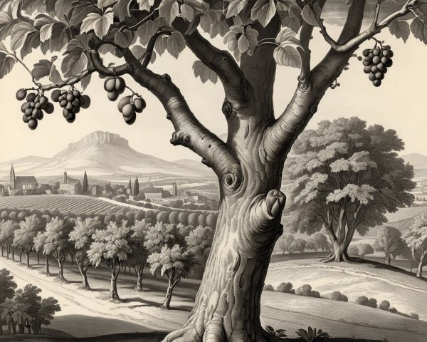 Monochromatic Illustration of Tree with Grapes and Landscape