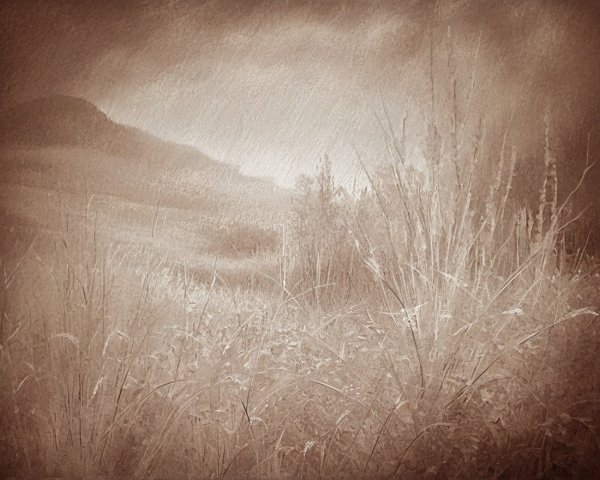 Serene Sepia-Toned Landscape with Misty Hills