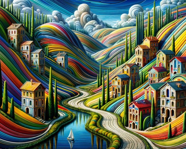 Vibrant Landscape with Colorful Hills and River Scene
