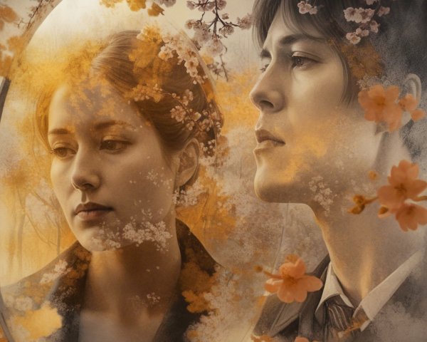 Portrait of a couple framed by cherry blossoms