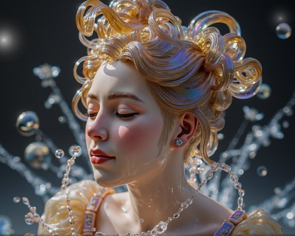 Serene Young Woman with Golden Curls and Bubbles