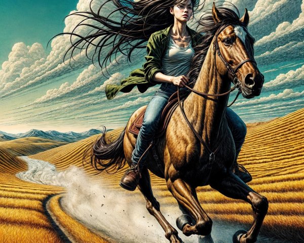 Young Woman Galloping on Horse Through Golden Fields