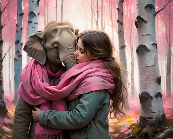 Whimsical Forest Scene with Woman and Elephant