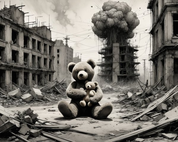 Teddy Bears in a War-Torn Landscape of Destruction