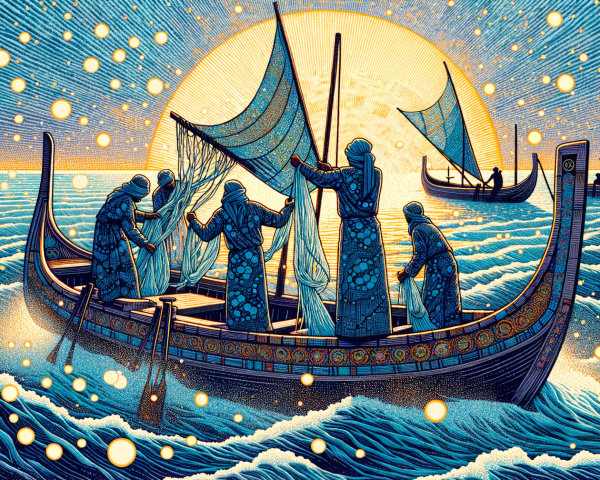 Fishermen in Traditional Boats on Vibrant Ocean Waves